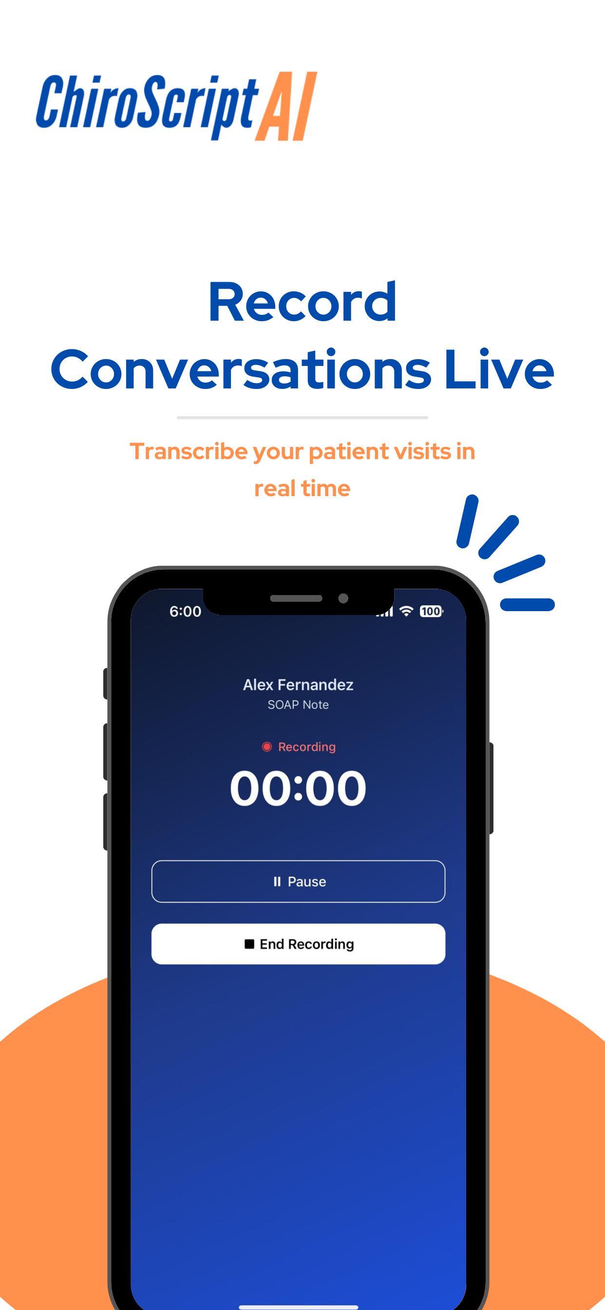 ChiroScript AI app screenshot: Auto-Transcription