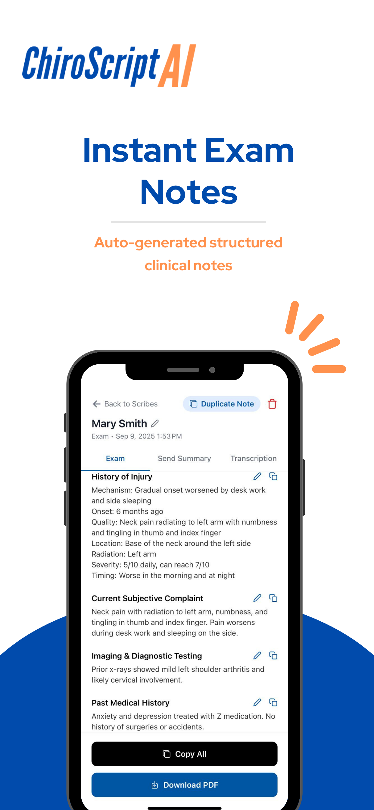 ChiroScript AI app screenshot: SOAP Notes